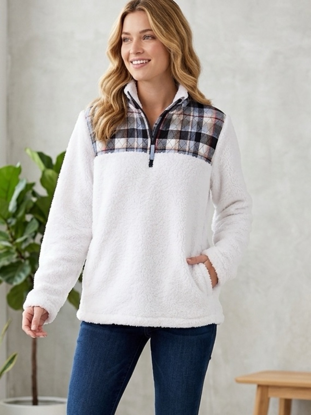 Vera Bradley White Sherpa Zip-Up with Plaid Yoke